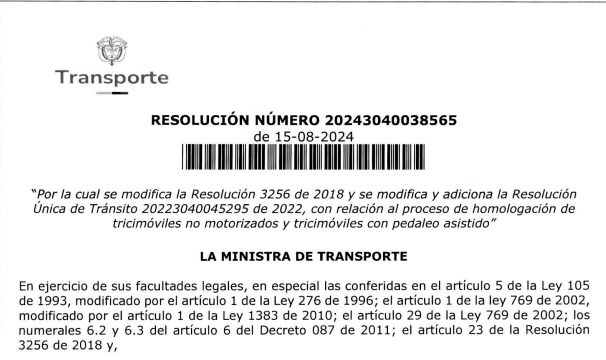 Resolución 20243040038565 del 150824 reglamenta HOMOLOGACIÓN TRICICLOS pedaleo asistido SERVICIO PÚBLICO